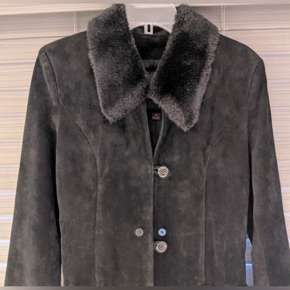 Oscar Leopold Black Suede Leather with  Faux Fur Collar Coat size Small - Picture 7 of 12